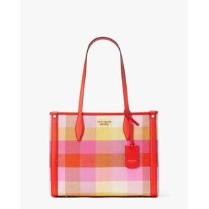Kate Spade Market Madras Woven Fabric Tote Plaid Orange Pink Vacation Beach